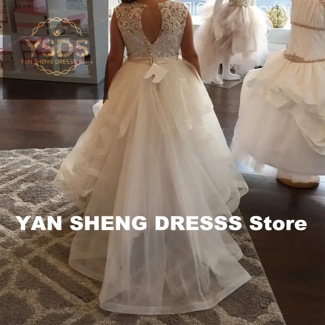 Customized Ivory Flower Girl Dresses Pageant Gown for Wedding Long Lace Appliques Ruffles Birthday Party First Communion Gowns