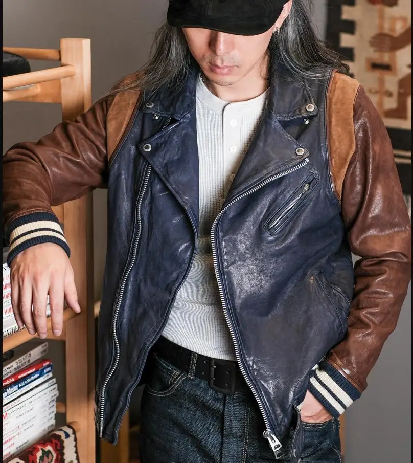 YR!Free shipping.2023 Brand new.Vintage tanned sheepskin coat.패션 가죽 오토바이 재킷.Slim fit genuine leather jacket.Men Street cloth