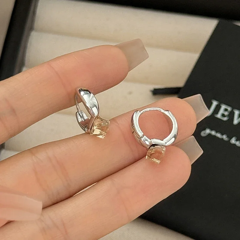 S999 Sterling Silver Needle Minimalist Colorful Square Pendant Hoop Earrings for Charm Women Trendy Fashion Jewelry Accessories
