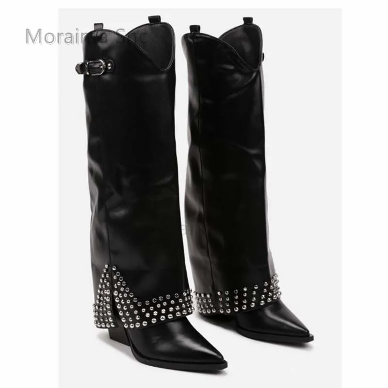 

Pointed Toe Belt Buckle Knee High Boots Suede Wedge Large Size Fashion Studded Skirt Boots Slip-On Women Shoes Autumn Winter