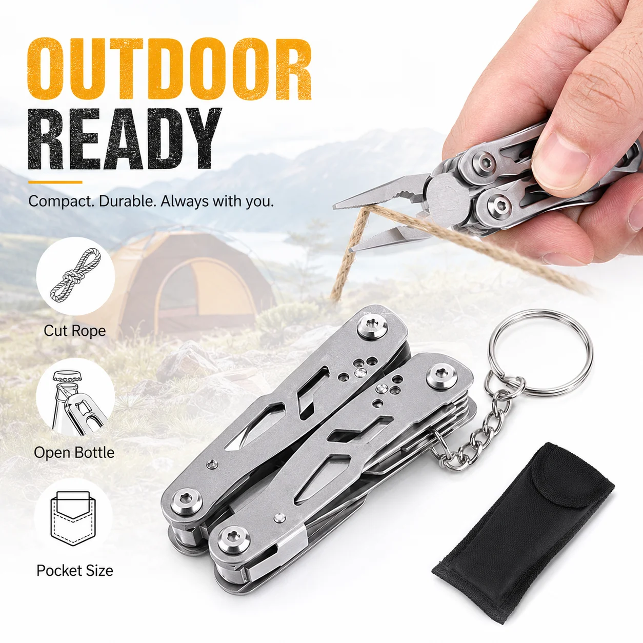 Alicate Portátil Dobrável Multifuncional com Faca para Camping, Sobrevivência, Resgate e Kit de Ferramentas de Reparo
