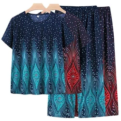 Women Pajama Set New Printed Loose Sleepwear Thin Short Sleeve Summer Sleeping Clothes Home Wear Middle Aged Mother Nightwear