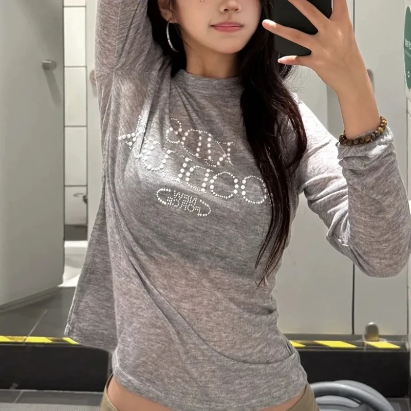 Spicy Girls Letter Diamonds Gray T-shirt Autumn Micro Transparent Slim Fit Long Sleeve Tops Vintage Y2k Aesthetic Tees