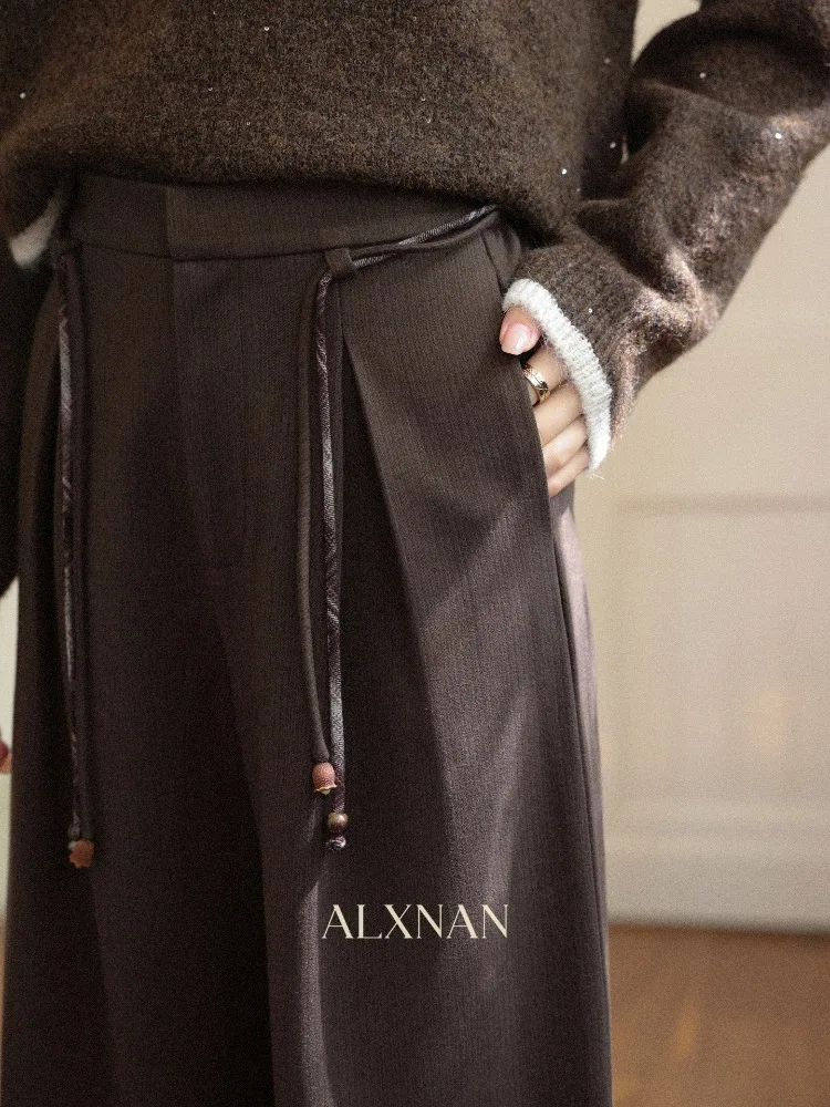 ALXNAN Damskie spodnie zimowe w stylu koreańskim, luźne, codzienne brązowe spodnie 2025, ciepłe, proste, eleganckie, damskie spodnie typu baggy L58710