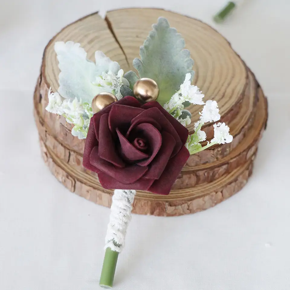 Boutonnière en forme de rose artificielle pour marié, mariage, bal de fin d' année, fête, costume, lot de 1, champagne