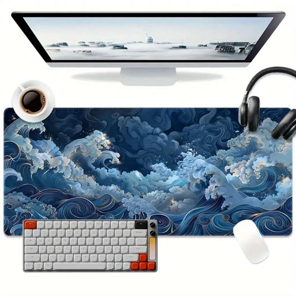 Game mouse pad, suitable for PC/laptop - featuring Japanese wave design and anti-slip rubber base, perfect for office