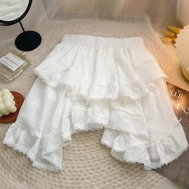 Ruffles Lace Patchwork Cotton White Mini Skirt High Waist A-Line Skirts For Women 2024 Summer