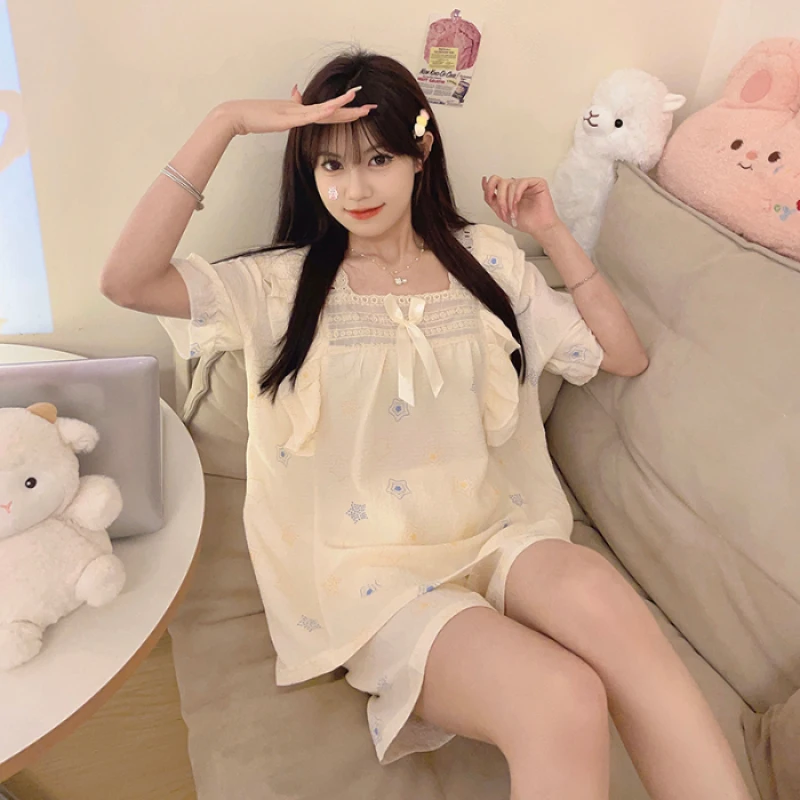 Korean Y2k Sweet Ins Cartoon Kawaii Women\'s Pajamas Square Neck Bow Lace Short Sleeve+shorts Sets 2024 New Summer Cute Nightgown