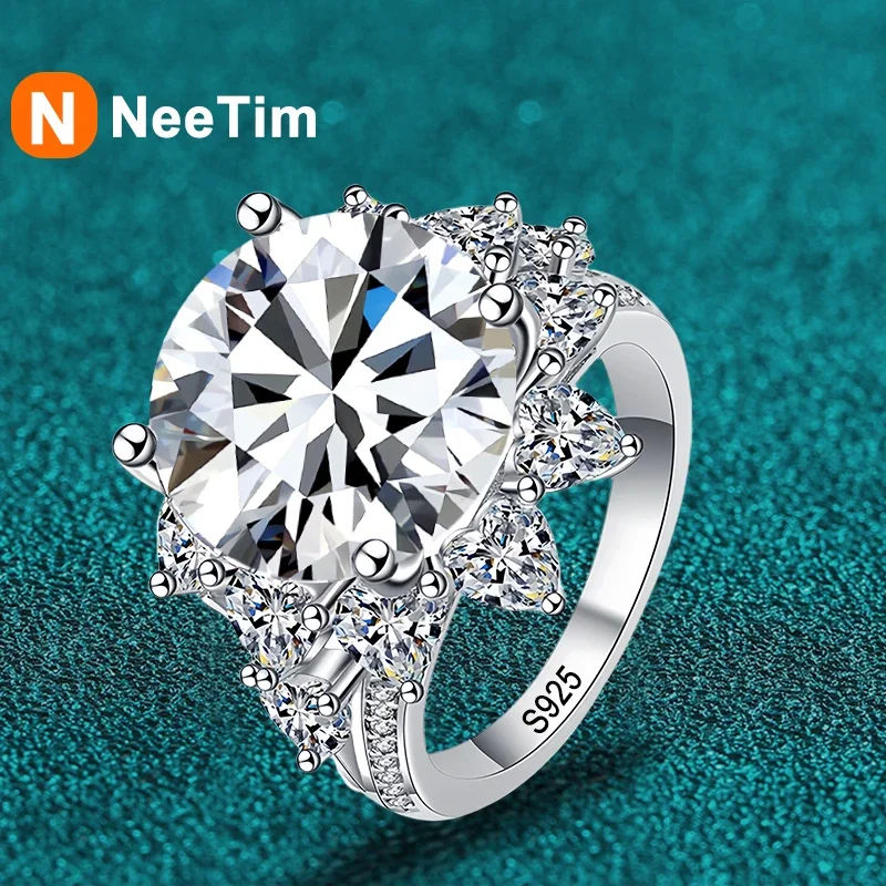 NeeTim 10 Carat Moissanite Ring S925 Sterling Silver with White Gold Plated Band For Women Wedding Rings with Certificate