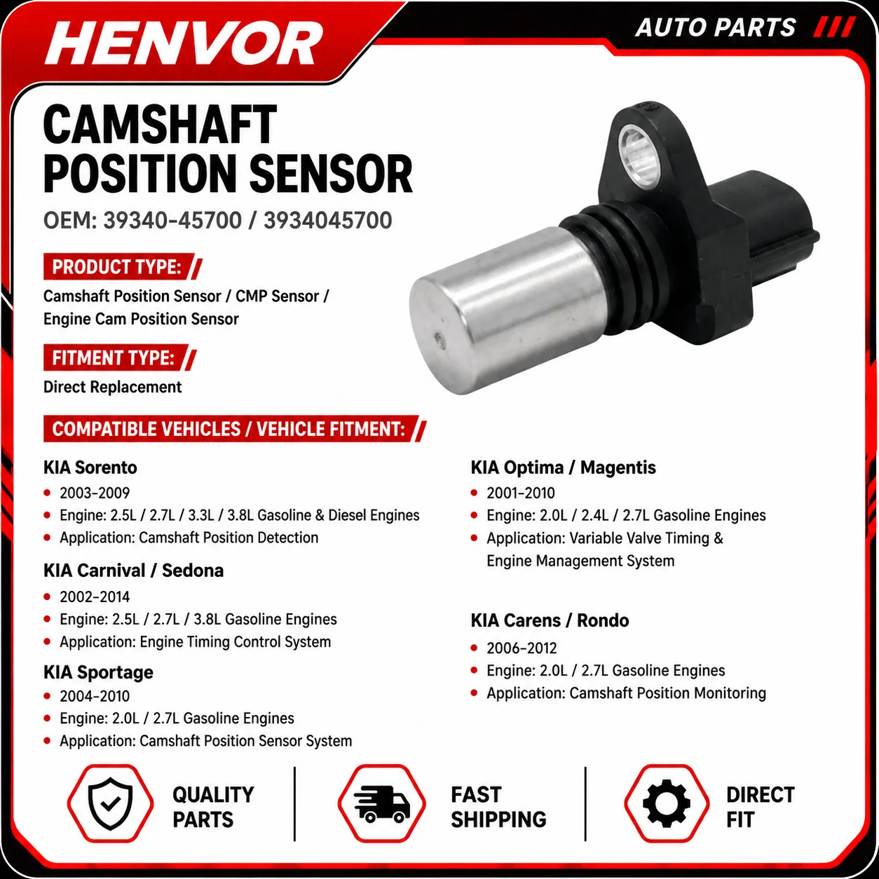 39340-45700 Camshaft Position Sensor CMP Sensor For KIA Engine Timing Sensor Replacement