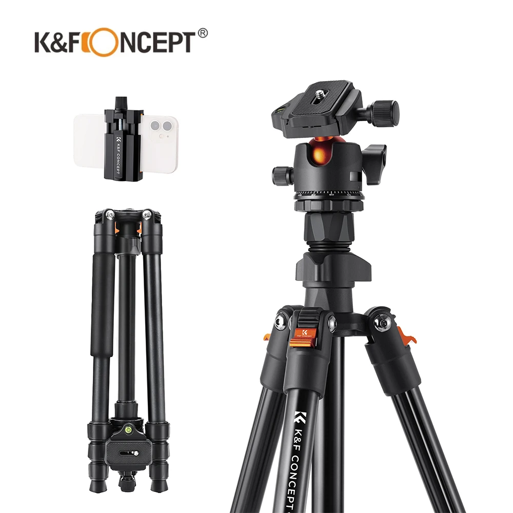 K&F Concept 64.96 Inch /1.65m Professional Camera Tripod O254A4 Net Weight 1.32KG BH-36 360° Ball Head Maximum Load 20KG/44lbs