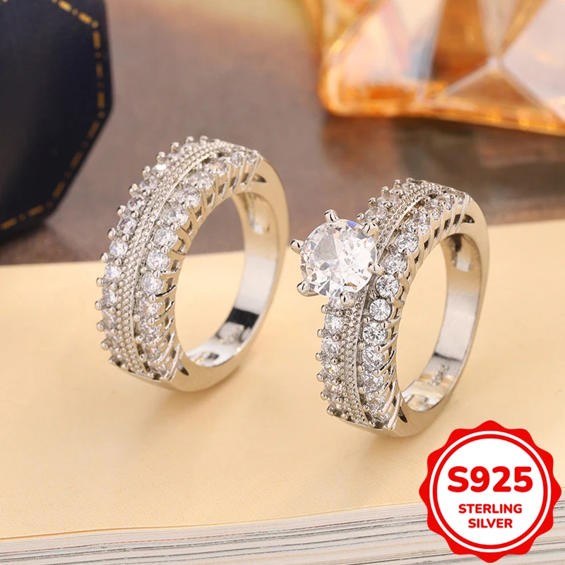 

Элегантное и аутентичное серебро S925 с шестью когтями, круглый кристалл, полный бриллиант, комплект для пары, кольцо, женский подарок на помолвку, ювелирные изделия