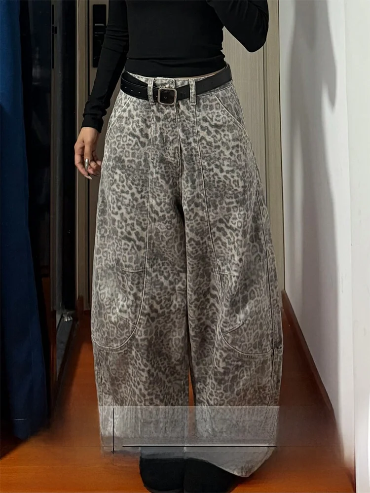 

Американские джинсовые брюки с леопардовым принтом в стиле ретро, женские осенне-зимние свободные широкие джинсы с высокой талией и застежкой-молнией, облегающие брюки