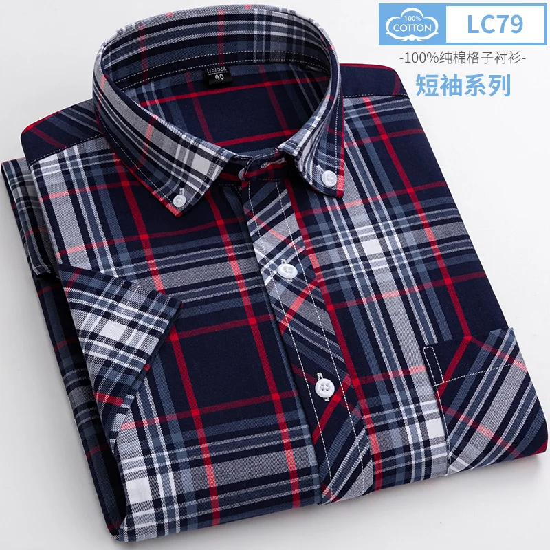 Summer Short Sleeve Shirts for Men Slim Fit Casual Plain Shirt Thin Plaid Hawaiian Soft Tops Popular Clothes 100%cotton