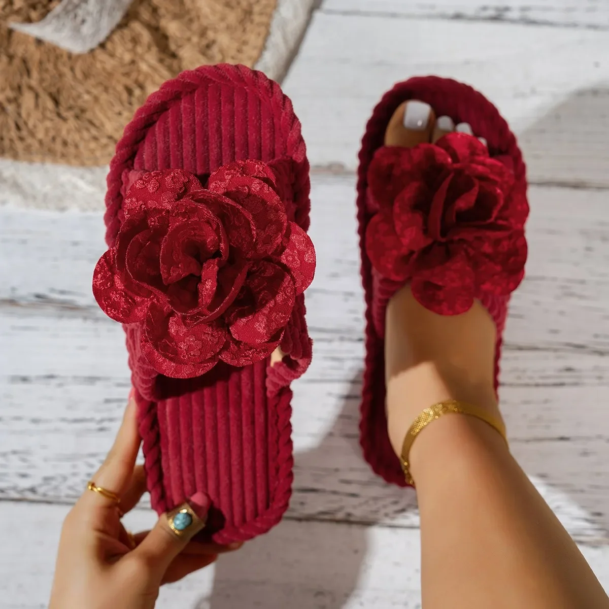 Zapatillas informales de estilo bohemio, de color liso, para mujer, con diseño floral, punta redonda, cómodas y antideslizantes, ideales para usar en casa.