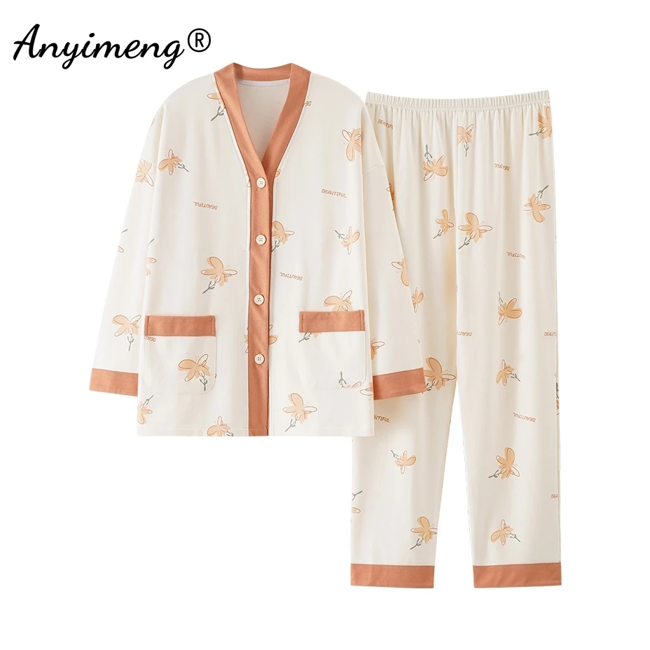 Kimono Plus Size 3XL 4XL 5XL Women Pajamas Set Autumn Spring New Long Sleeves Cotton Homesuits Elegant Woman Sleepwear Pijamas