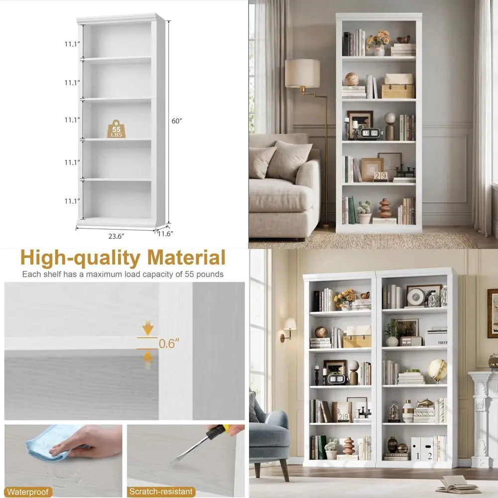 

24 Wide 5-Tier Tall Bookshelf, Open Storage Shelves for Living Room, Bedroom, Home Office, Dining Room, White
