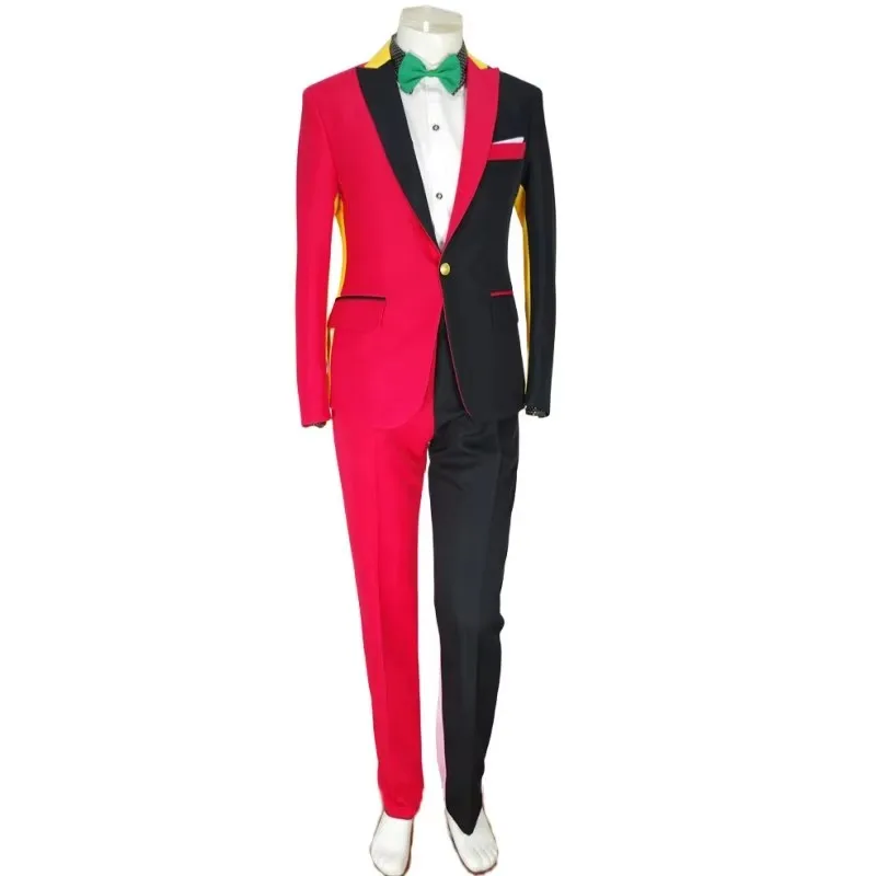 

Men's Patckwork Black Red Suit Magician Clown Performance Stage Outfits Colorful Blazers Pants 2 Pieces Set Holiday Carnival
