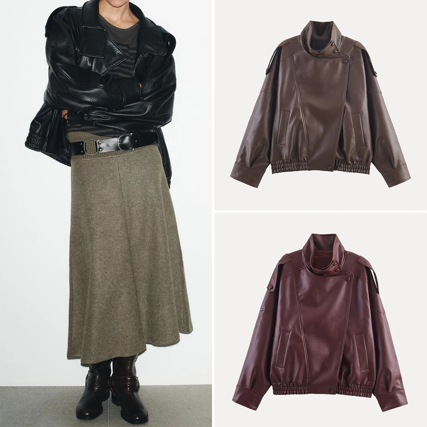 Capispalla Jaet in pelle Sle da donna casual Faionable Autunno 2025 Versatile cerniera abbinata lunga Sve f collo alto