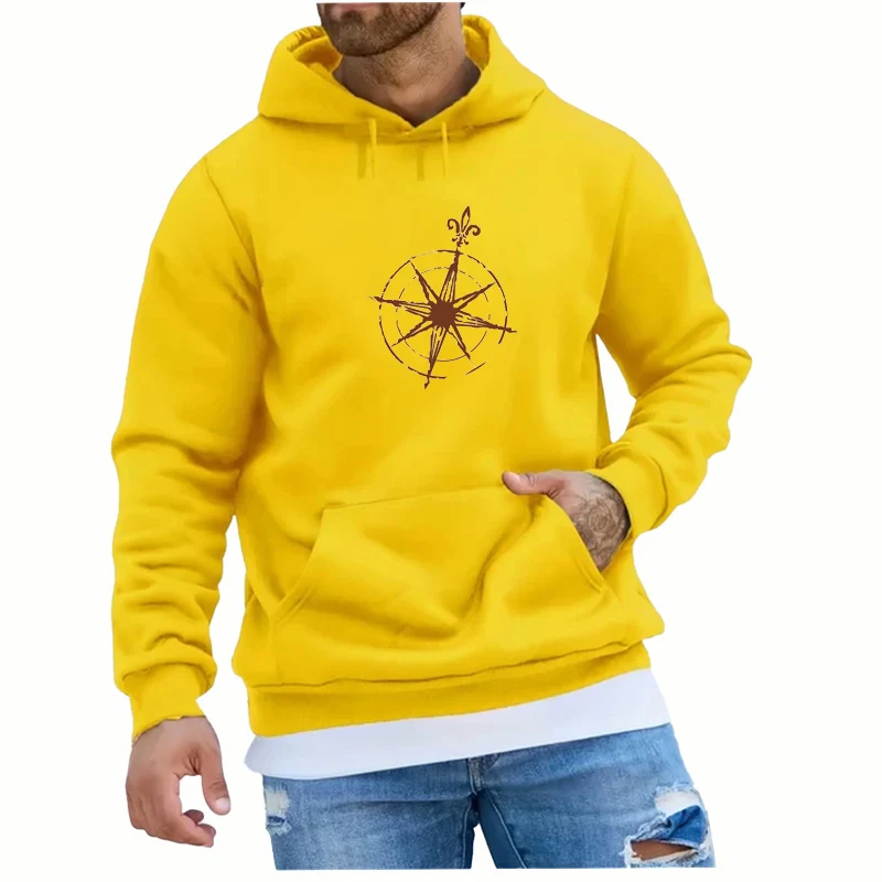 Trendy and Fashionable Vintage Compass Printed Hoodie Casual Sportswear Loose Top Pullover Men's Hooded Sweatshirt Street Wear