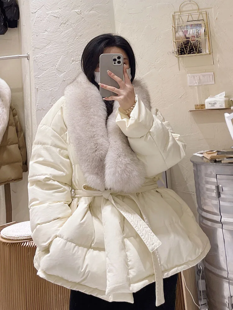 Big Real Fox Fur 2022 Fashion Winter 90% Duck Down Jacket Women Slim Fit Waist Tie Short Puffer Coat Female Feather Parkas