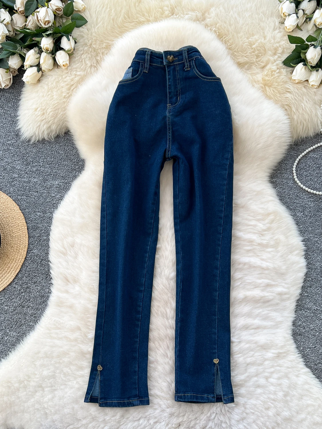 

Korean Sle High Waist Straight Leg Jeans Women's Faion Design Side Slit Slimming Denim Pants Autumn Season Ladies Jeans