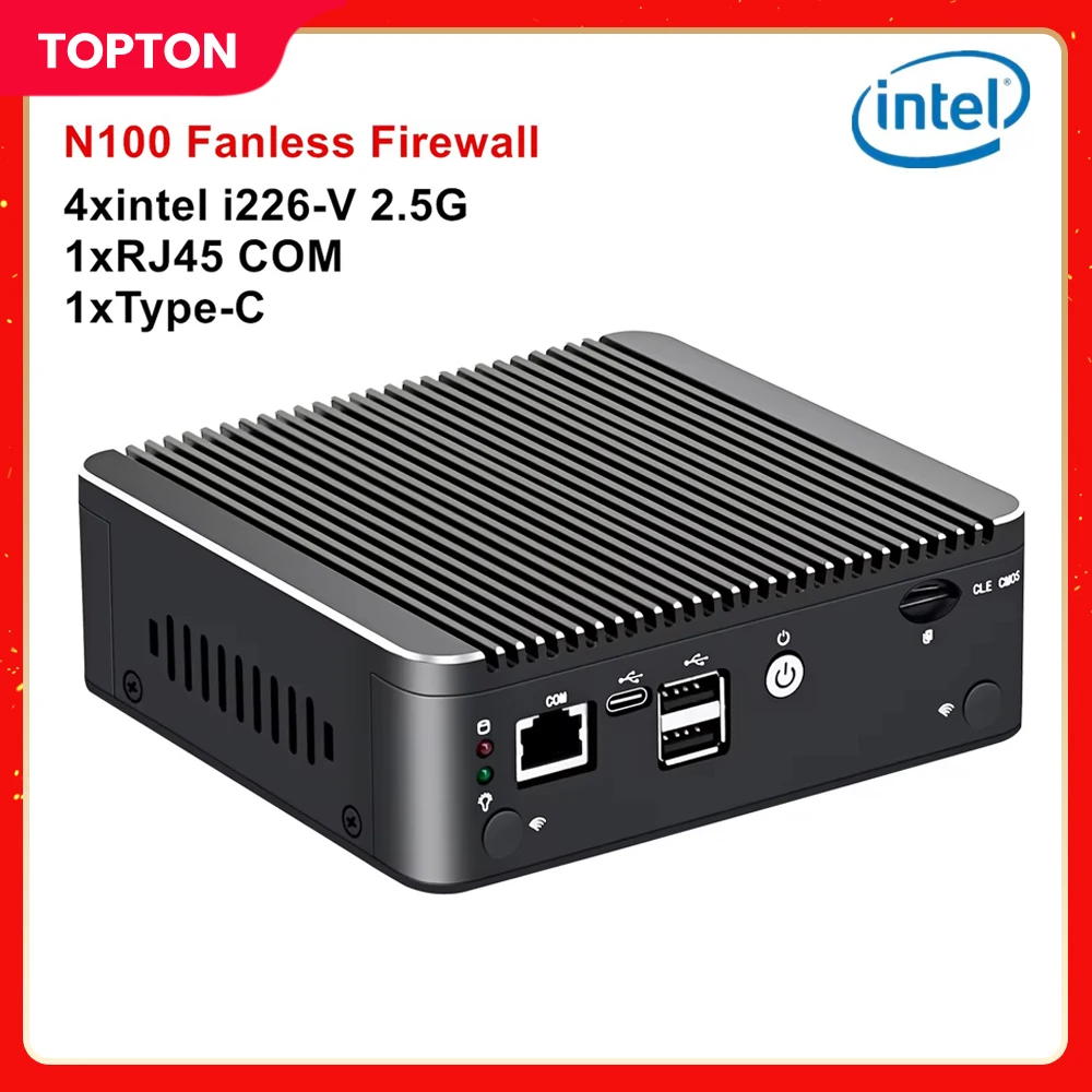 

Topton 12th Gen Intel N100 2.5G Firewall Router 4x i226-V LAN 1*COM RJ45 Fanless Mini PC Computer Host Type-C pfSense ESXi PVE