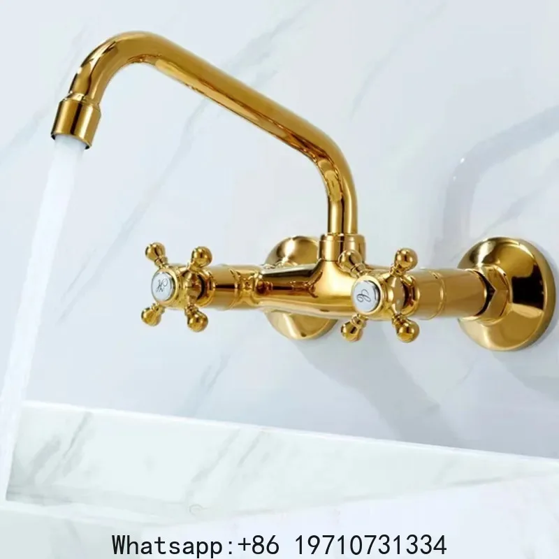 

Wall Mounted Bathroom Basin Faucet Wall Mounted Double Handle Europe Style Sink Mixer Brass Gold Chrome