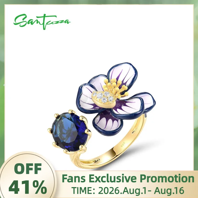SANTUZZA Genuine 925 Sterling Silver Opened Rings For Women Sparkling Blue Stone Enamel Flower Fashion Fine Jewelry Handmade