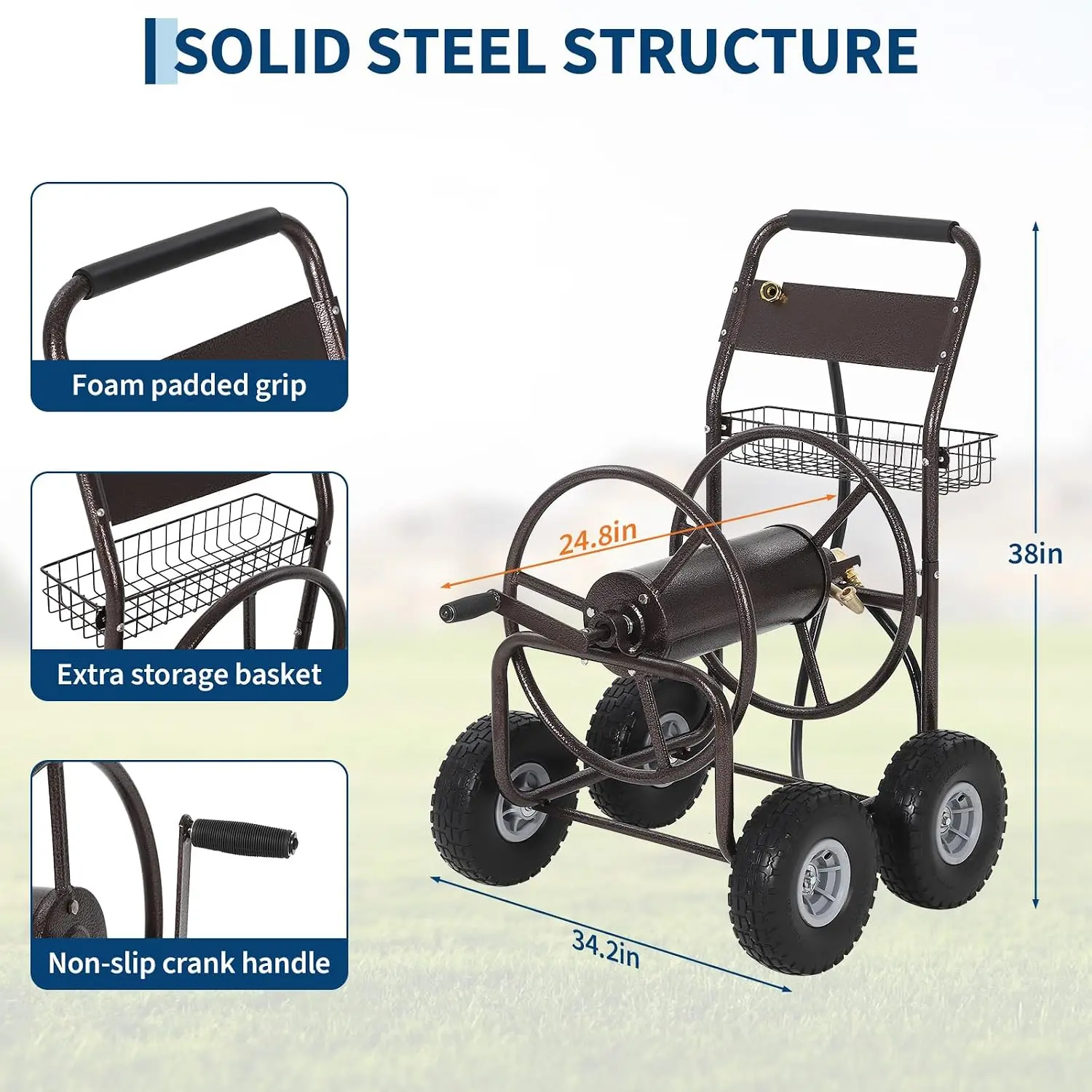 Hose Reel Cart, Hold Up to 300 ft of 5/8'' Hose, Garden Water Hose Cart with 4 Wheels, Freestanding Water Hose Reels with Storag