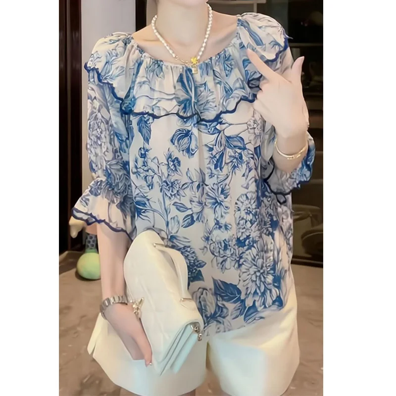 Summer New Temperament Blue Floral Loose Short Sleeve Blouse Thin O-neck Print Fashion Shirt Tops Casual Vintage Women Clothing