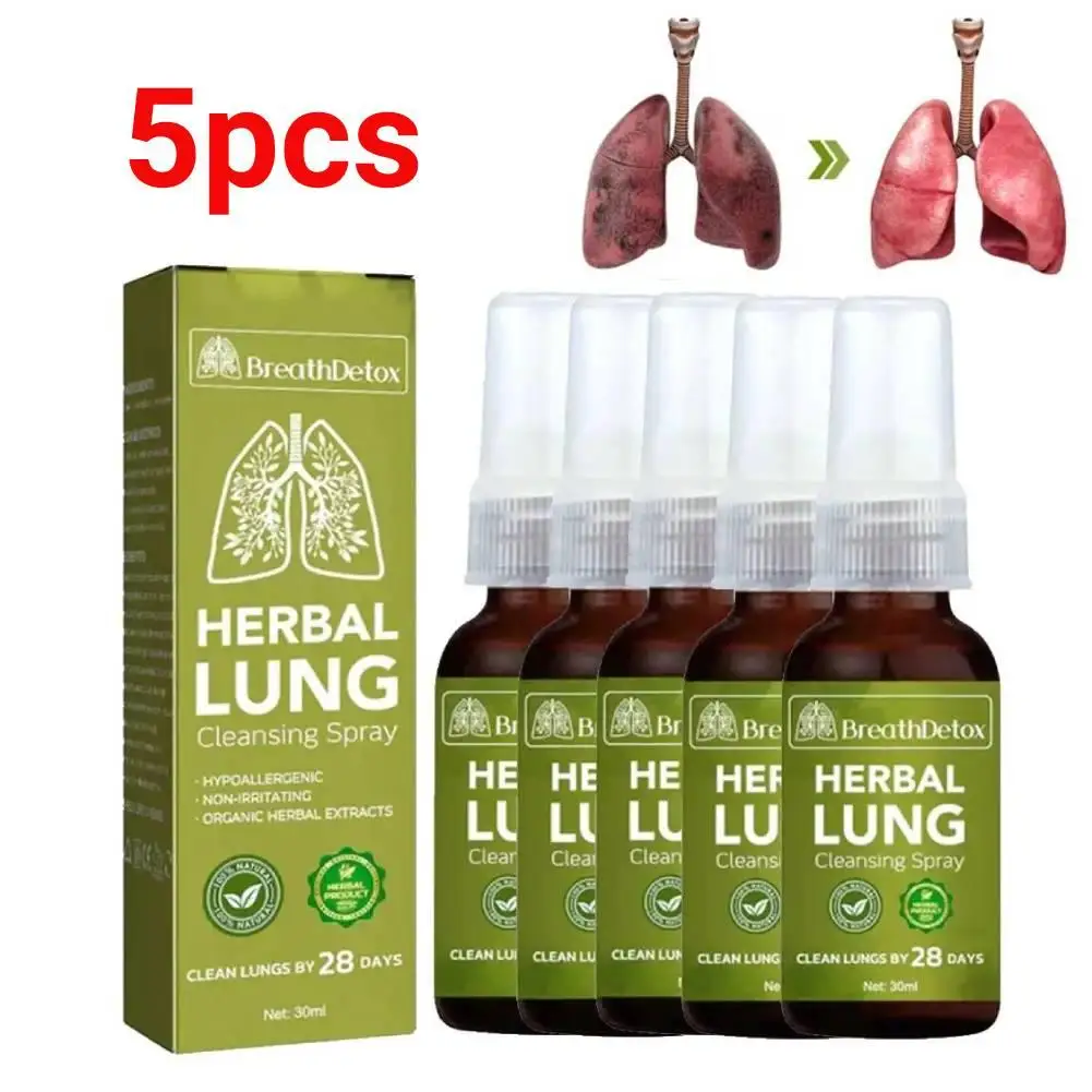 Spray de limpieza de pulmones a base de hierbas, potente pulverizador de limpieza de pulmones, limpieza y respiración, cuidado de la salud, 5 piezas, 30ml