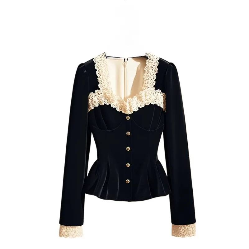 Shirt Autumn New Cover The Belly Short Jacket Female in The Spring Lace Commuting Minority Square-neck Collar Black Long-sleeved