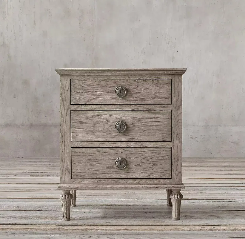 Three Drawer Bedside Table Vintage Oak Solid Wood Small Apartment Modern Bedroom Furniture