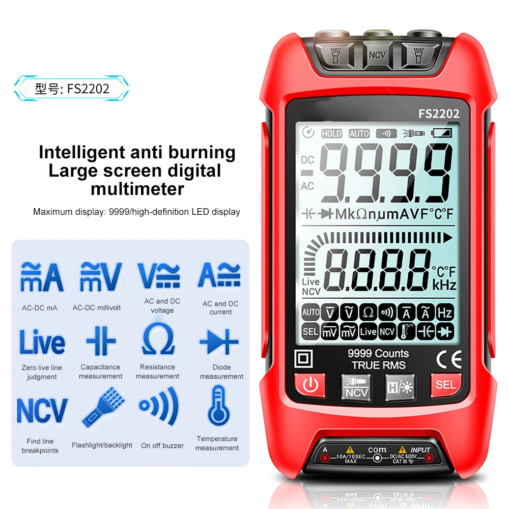 FS2201/2202 Tester Auto range Digital Multimeter 9999 Counts TRMS AC DC Voltmeter amp NCV Resistance Capacitance Temp Transistor