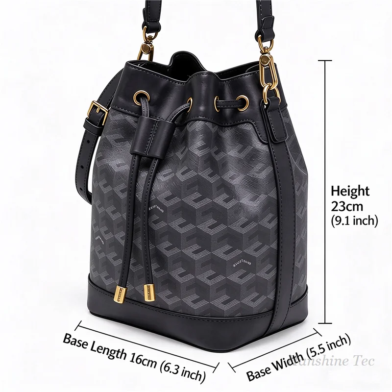 Geometrisch gemusterte Umhängetasche mit Lederbesatz und Kordelzug für Damen, Alltagstasche für Pendlerinnen, lässige und modische Handtasche. – Detail 1