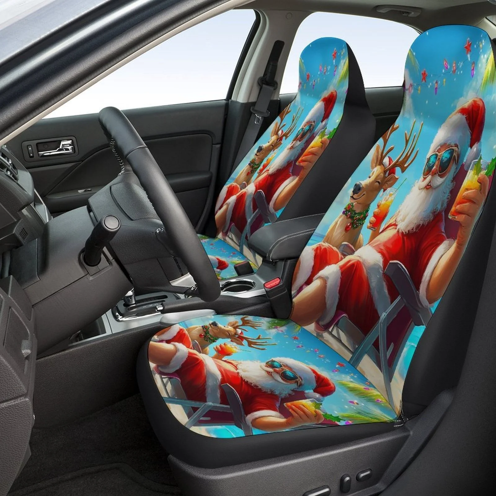 Santa'S Beach Holiday Themed Car Seat Cover Set - Festive Santa Claus & Reindeer Design, Universal Polyester Fit For Most Cars,