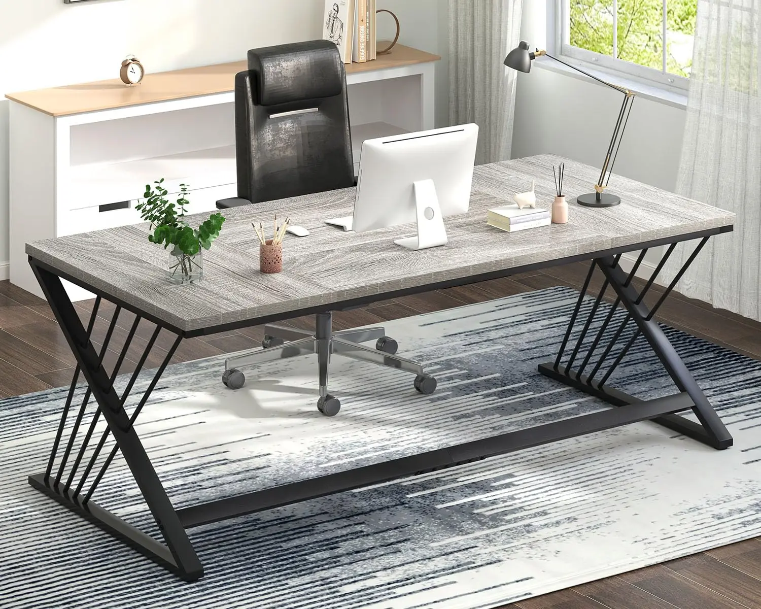 Rustic Wood & Metal Computer Desk Home Office Study Writing Work Table Bedroom Living Room Light Grey 47 Inch, Customized