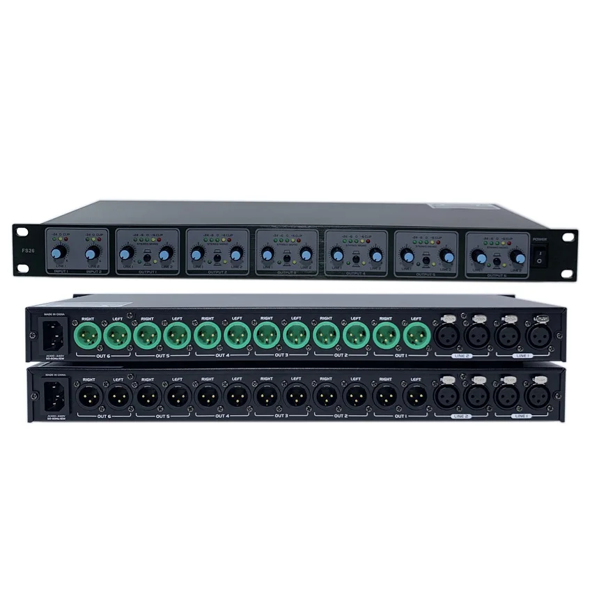 

FS26 Professional Stereo Mono Audio Signal Splitter Amplifier Distributor 2-In-6 Out XLR Stage Old School Audio Processor