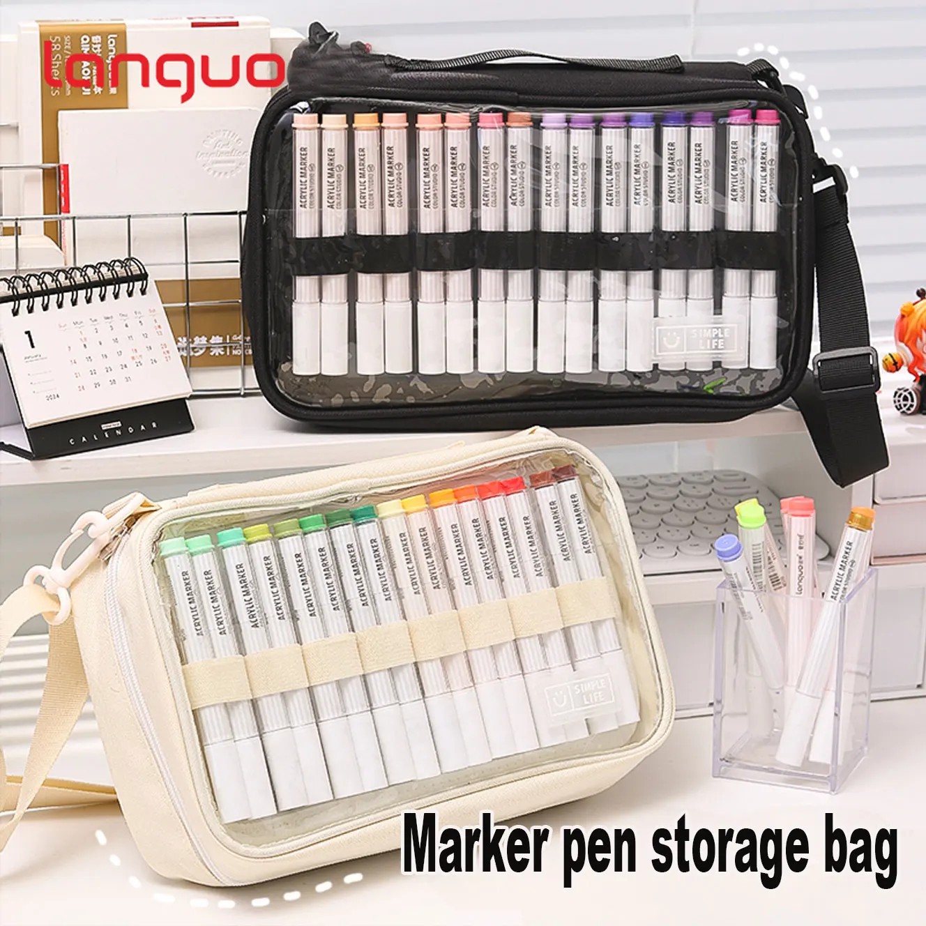 Large-capacity Marker Storage Bag 64 Pieces Layered Handheld Diagonal Shoulder Transparent Bag Watercolor Pen Finishing Box