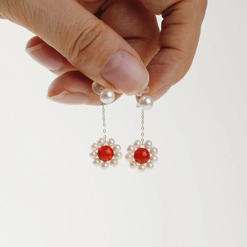 New Real 18K Gold Earrings Fine Jewelry Red Agate Natural Freshwater Pearl women's Boutique Party wedding Gift diy014