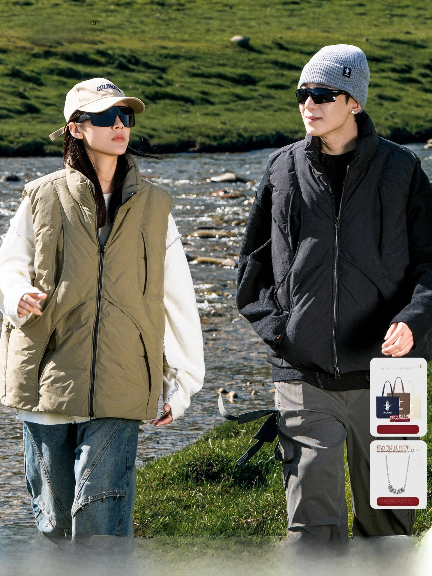 AOGZ Outdoor Hollow out Design Stand Collar Cotton Vest Unisex Autumn Winter Loose Warm Deconstructed Splicing Couple Jacket