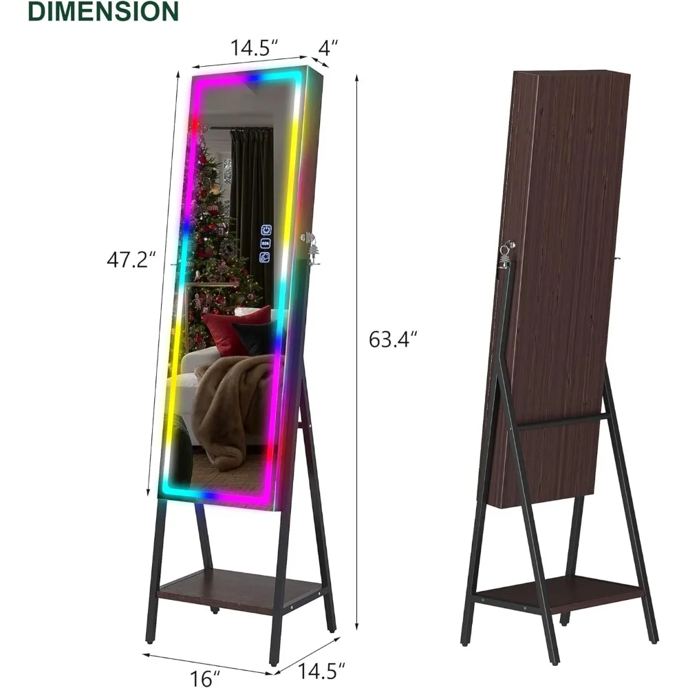 LED Mirror Jewelry Cabinet, Standing jewelry Cabinet, full length mirror with storage, lockable, 14 lighting modes (brown)