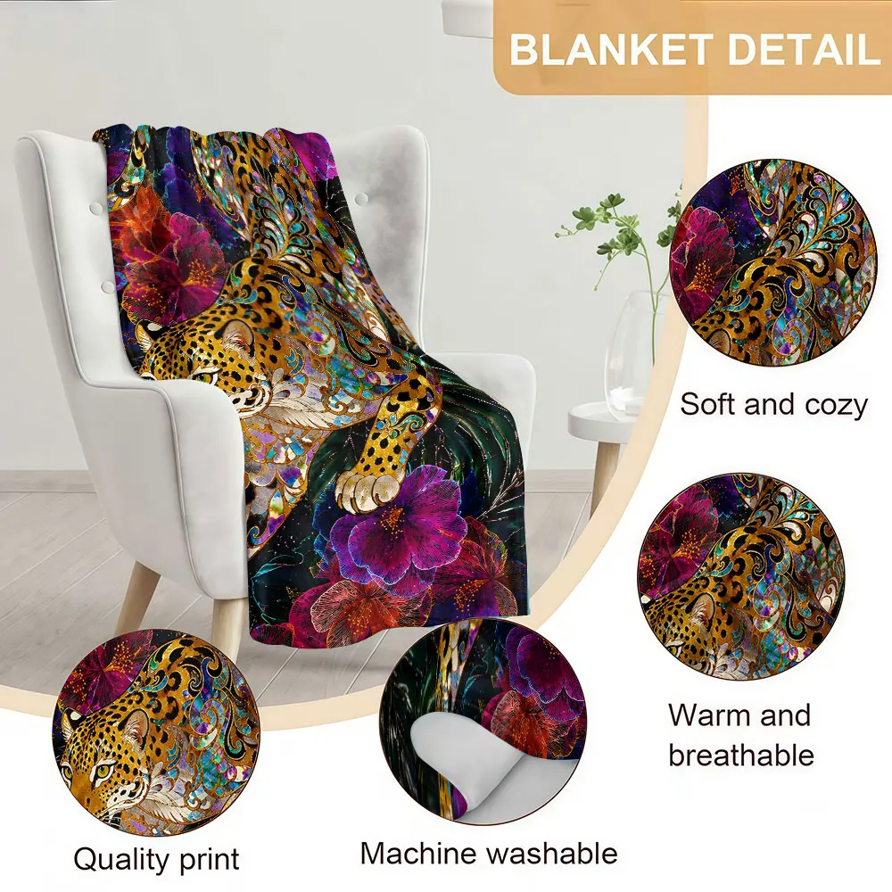 Floral Golden Leopard Art Soft Warm Flannel Blanket Lightweight Cozy Christmas Halloween Home Decor Room