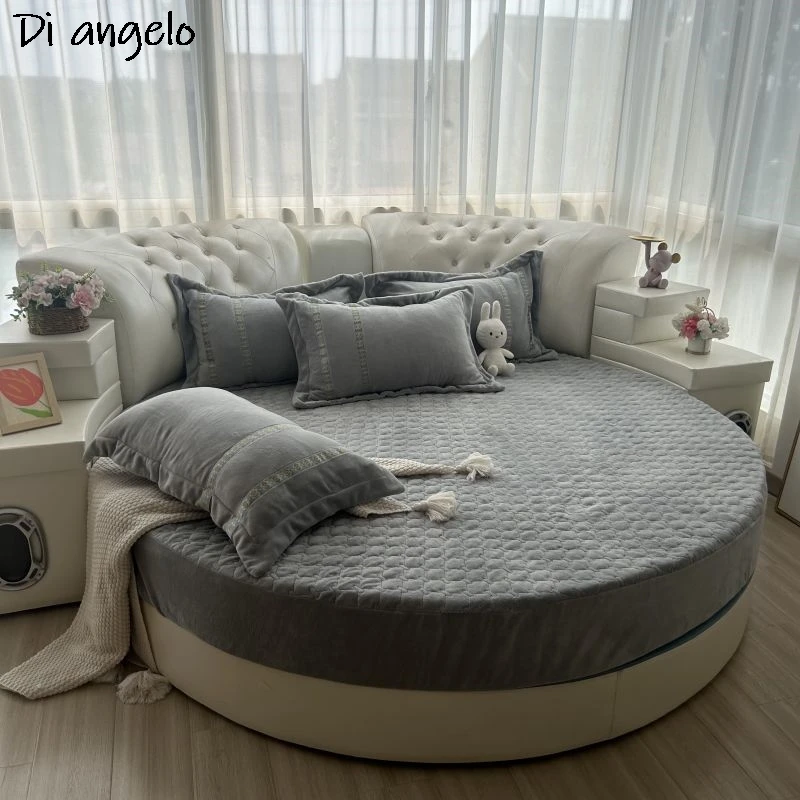 

Crystal Velvet Custom Size Round Fitted Sheet Thick Quilting Romantic Round Bed Sheet Mattress Cover Family Themed Hotel #SW