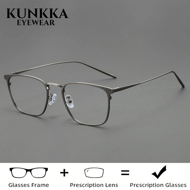 KUNKKA High Quality Business Retro Metal Frame Glasse Men Square Anti Blue Light Photochromism Eyeglasses Male Myopia Eyewear