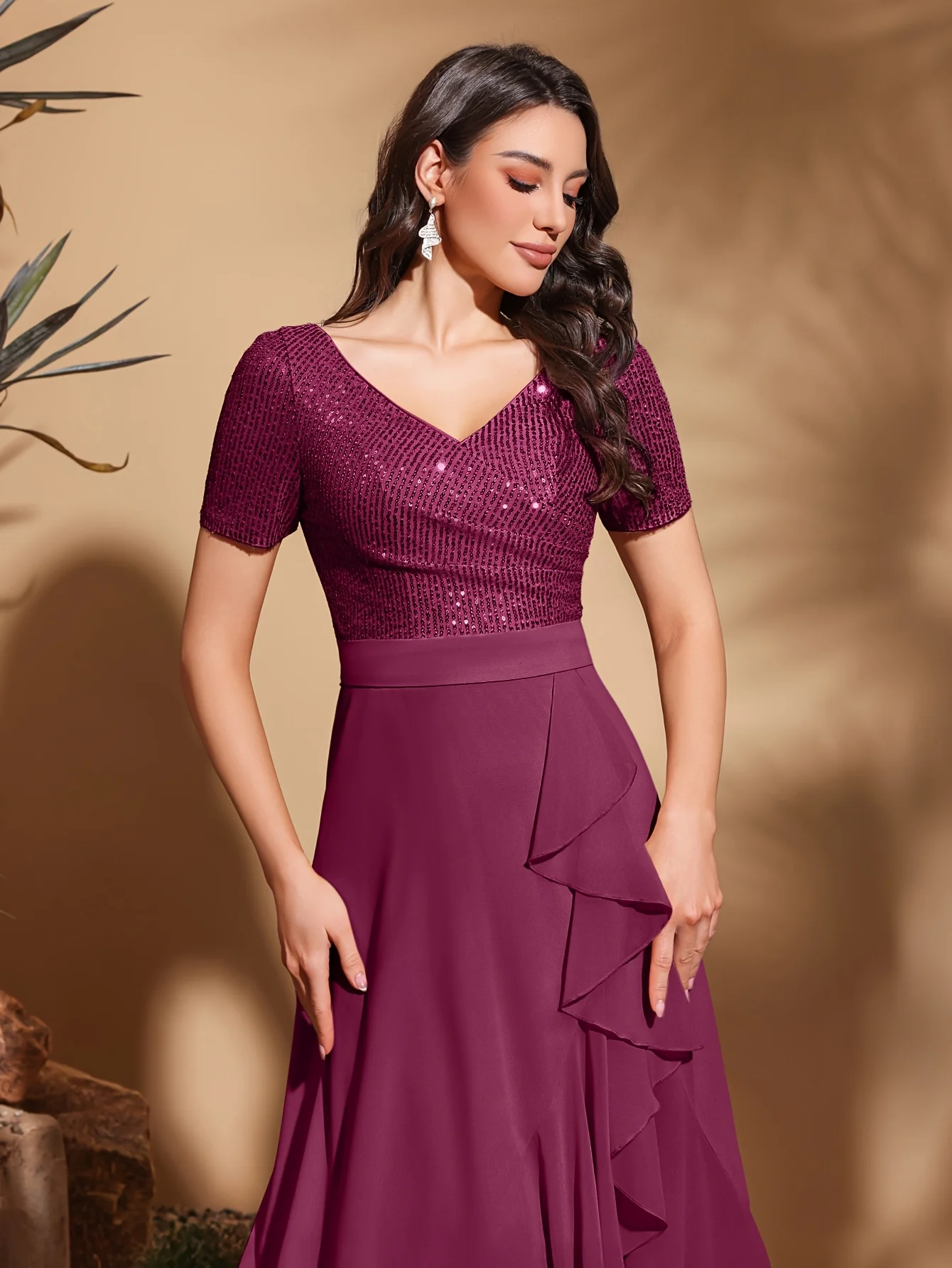 V-neck short-sleeved sequined chiffon pleated asymmetrical hem dress