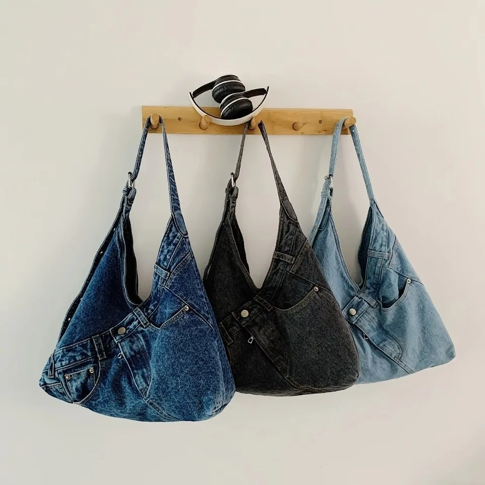 Leatherette Crossbody Bag Single Shoulder Motorcycle Style Purse Casual Bag Large Capacity Denim Texture Women's Shoulder Bag