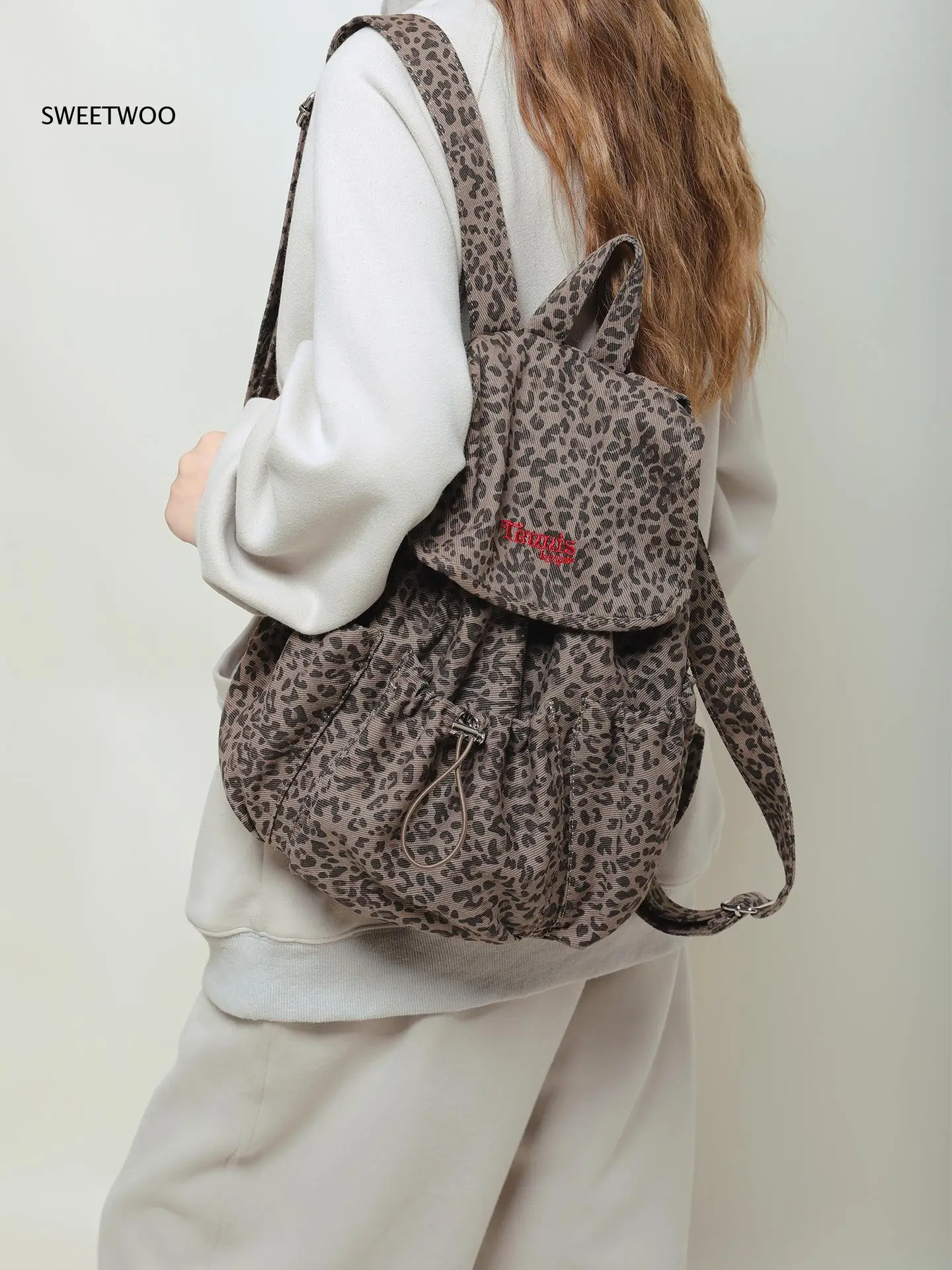 Women Polka Dot Drawstring Backpack Flap Cover Side Pockets Lightweight Soft Fabric Casual Daypack Sweet Style Rucksack