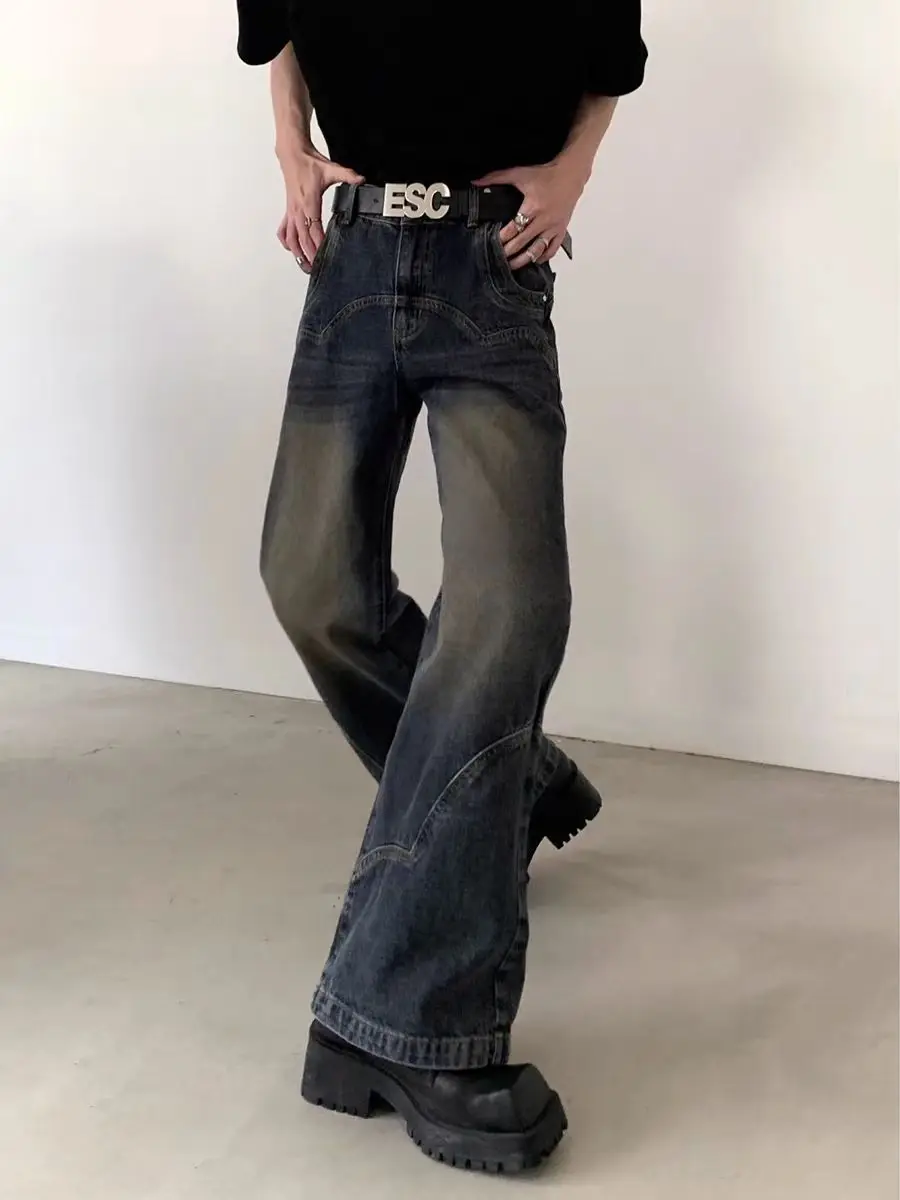 

American Retro High Waist Bell Bot Men's Jeans Loose Floor-Length Trendy Straight Leg Subculture Long Pants
